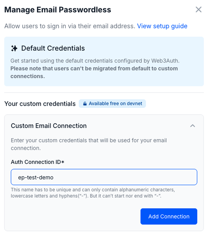 Email Passwordless Add Connection